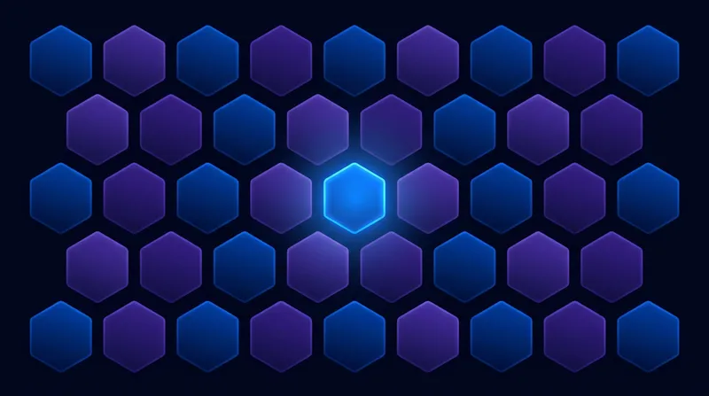 Grid of blue and purple hexagons with one glowing brighter, representing brand recognition through consistency